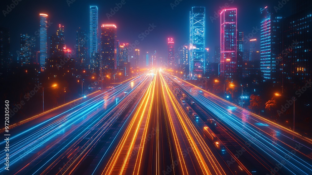 A high-tech city at night, with glowing communication networks visibly linking highways, train routes, and skyscrapers. The vibrant neon lines create a digital web across the metropolis,