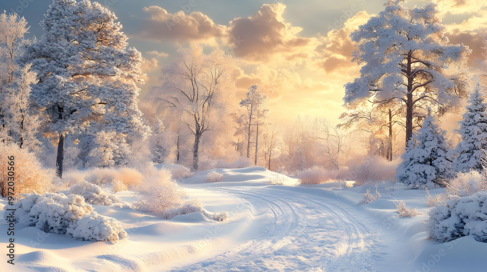 Snowy Forest Path at Golden Hour Snowy Forest Path at Golden Hour