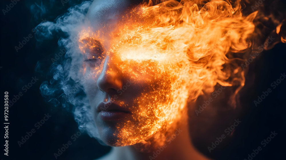 Woman with fire and smoke on face abstract portrait Woman with fire and smoke on face abstract portrait