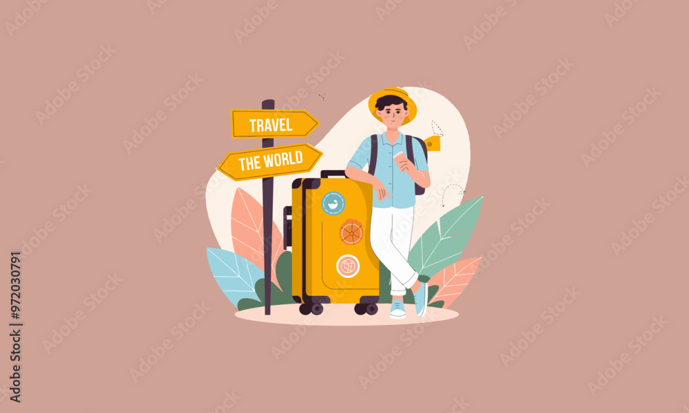 A traveler with luggage and a map standing near signposts.