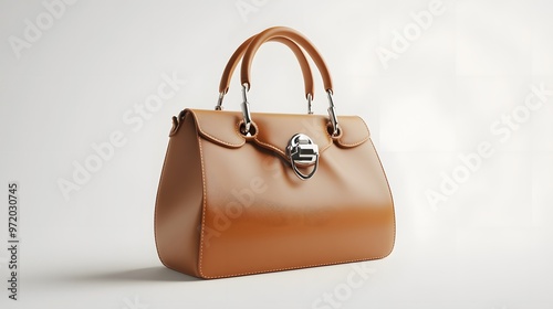 22. A realistic 3D render of a stylish leather handbag with metal clasps, isolated on a pristine white background