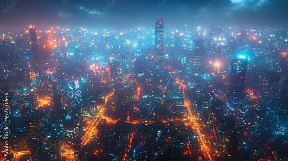 A high-tech metropolis at night, where illuminated data cables and wireless signals link skyscrapers and roads. The city pulses with digital energy as the infrastructure glows in neon colors, A high-tech metropolis at night, where illuminated data cables and wireless signals link skyscrapers and roads. The city pulses with digital energy as the infrastructure glows in neon colors,