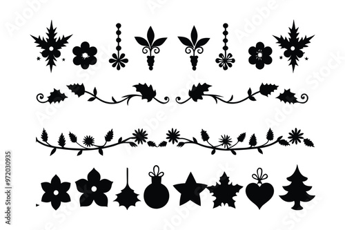 Silhouette floral Christmas border vector design.