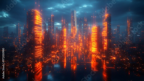 A high-tech metropolis pulsing with energy  as communication hubs emit glowing waves of light.