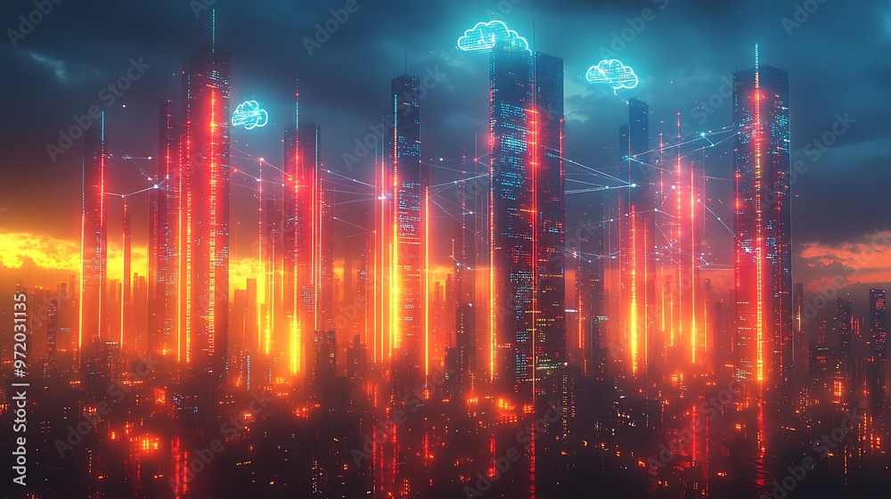 Obraz premium A high-tech skyline with interconnected high-rises, where glowing data streams symbolizing cloud networks and wireless communication link every building.