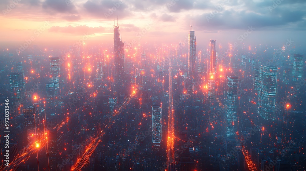 Fototapeta premium A modern city seen from above, glowing with data cables and wireless signals connecting skyscrapers, roads, and digital infrastructure.