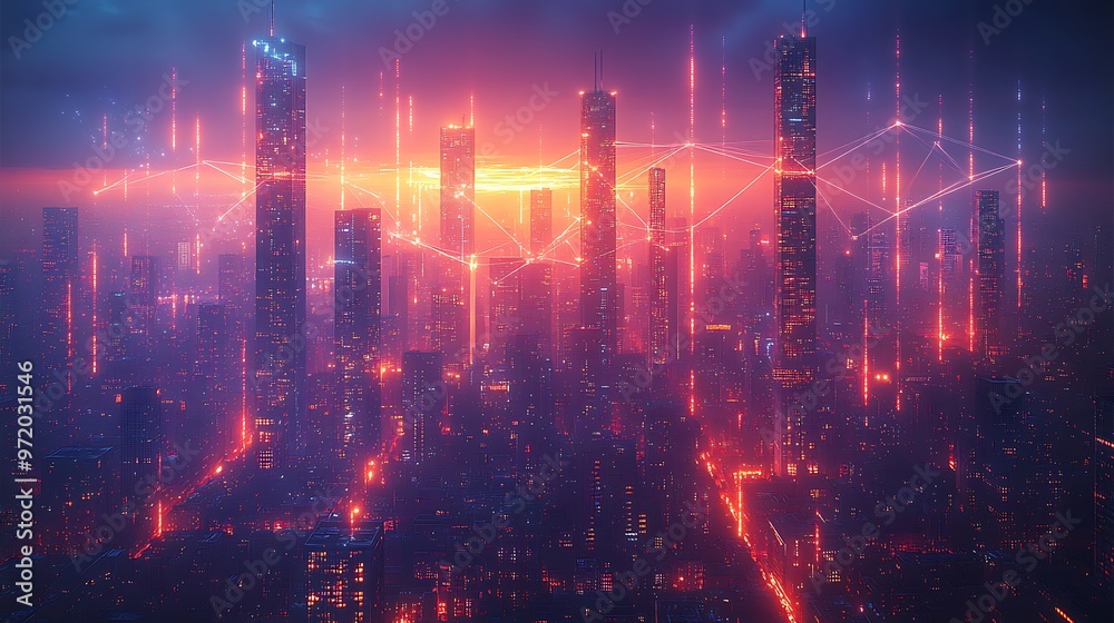 Fototapeta premium A modern city skyline glowing with vibrant neon lights as interconnected high-rises are linked by digital communication lines symbolizing cloud networks and wireless connectivity.