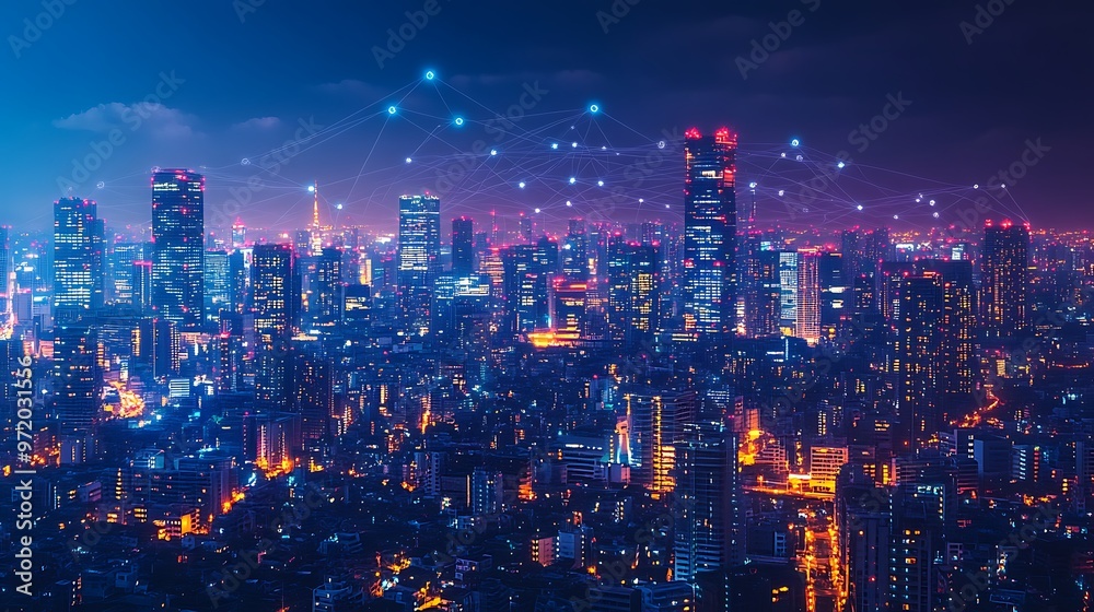 Fototapeta premium A modern city skyline glowing with vibrant neon lights as interconnected high-rises are linked by digital communication lines symbolizing cloud networks and wireless connectivity.