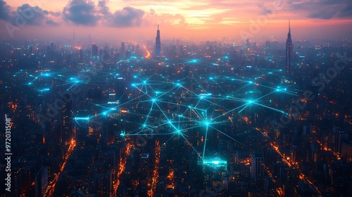 A modern city seen from above, with glowing blue and green lines representing digital networks connecting every building and road. The illuminated pathways create a web of data flow through the city,