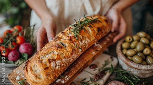 Freshly baked rosemary bread on a wooden board with olives and assorted vegetables in the background. photo