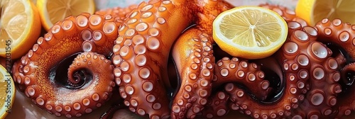 A close-up view of a whole cooked octopus, its tentacles curled and glistening, lying on a wooden surface with a colorful, vibrant background, delectable seafood cuisine, Mediterranean or Japanese dis photo