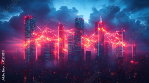 A modern city skyline glowing with vibrant neon lights as interconnected high-rises are linked by digital communication lines symbolizing cloud networks and wireless connectivity.