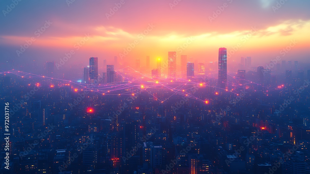 Fototapeta premium A modern cityscape illuminated by visible data streams flowing between homes, mobile devices, and office buildings.