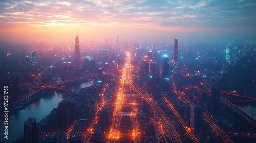 A modern metropolis at twilight, with glowing data streams connecting every road, building, and transportation network. The digital lines form a complex web of communication,