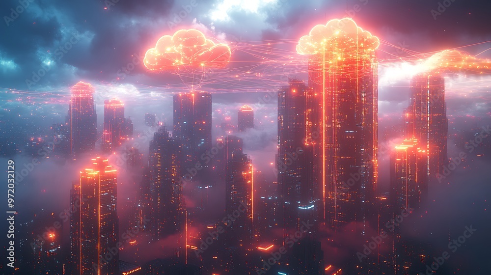 Fototapeta premium A skyline dominated by tall, sleek high-rises connected by glowing communication lines representing cloud networks and wireless connectivity. The city is illuminated by vibrant neon lights,