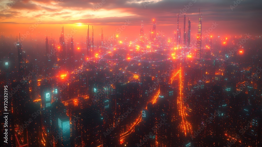 A smart city at night, glowing with pulsing communication lines connecting high-tech buildings and roads. The vibrant neon data streams form a web of digital energy across the urban landscape,