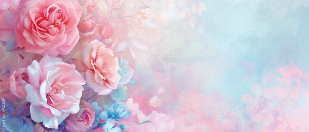 Fototapeta Delicate Roses on Pastel Canvas, a soft watercolor composition featuring blooming roses in shades of pink and blue, set against a serene pastel backdrop, evoking tranquility and beauty.