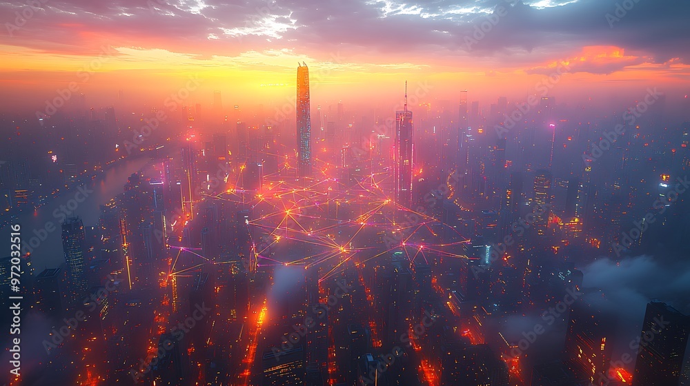 Fototapeta premium A sprawling cityscape with glowing data cables and wireless signals connecting smart buildings and transportation networks. The city lights up with vibrant neon pathways,