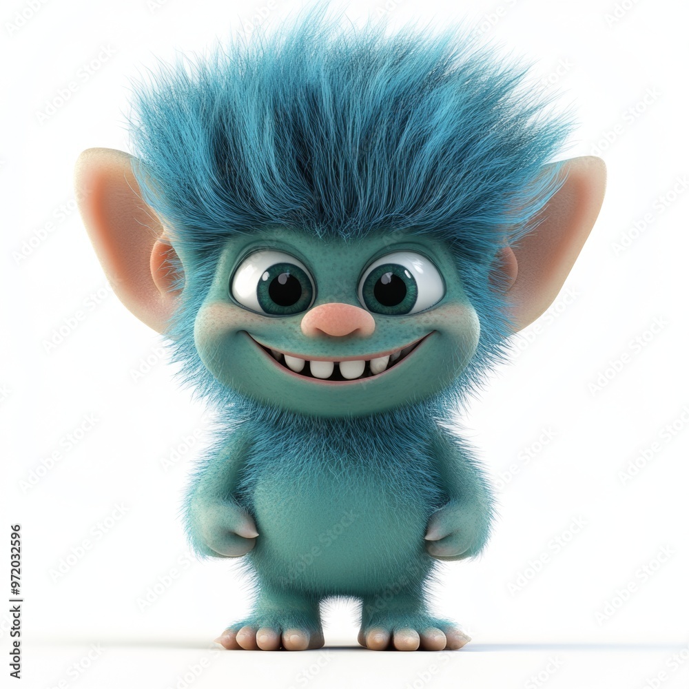 Obraz premium A cute, cartoonish blue hair troll with fluffy hair and large ears.