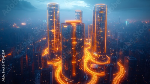 A sprawling cyberpunk cityscape seen from above, with glowing neon paths connecting skyscrapers and smart infrastructure. The illuminated data streams pulse with vibrant energy,