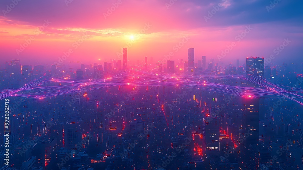 Fototapeta premium A sprawling global city network with glowing fiber optic cables linking tall skyscrapers, advanced transportation systems, and far-reaching global regions.