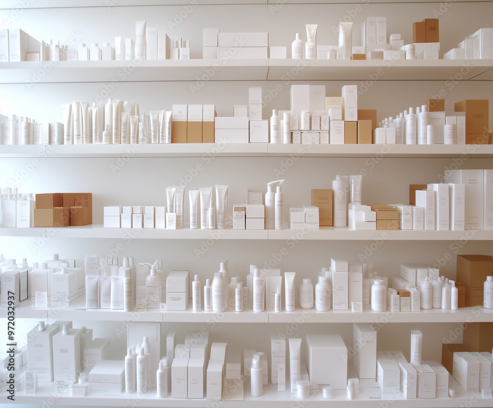 Products on an Infinite white retail cosmetics shelf featuring a range of blank packaging including bottles, tubes, boxes, bins, squeeze plastic or glass products, recyclable. Products on an Infinite white retail cosmetics shelf featuring a range of blank packaging including bottles, tubes, boxes, bins, squeeze plastic or glass products, recyclable.