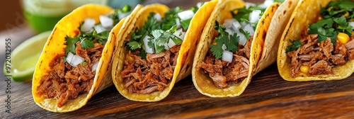 three delicious taco shells filled with seasoned ground beef, shredded lettuce, diced tomatoes, and melted cheese, garnished with cilantro and served with a side of pico de gallo salsa on a rustic woo photo