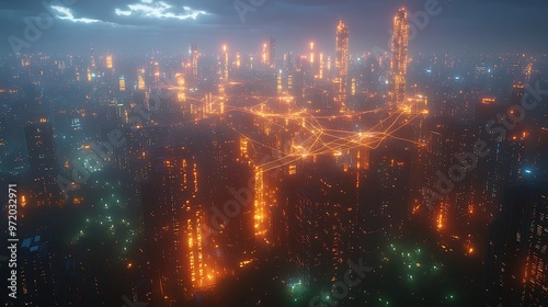 Wallpaper Mural A sprawling metropolis at dusk, where glowing communication lines crisscross between towering high-rises, parks, and public spaces. The digital web of connectivity pulses with energy, Torontodigital.ca