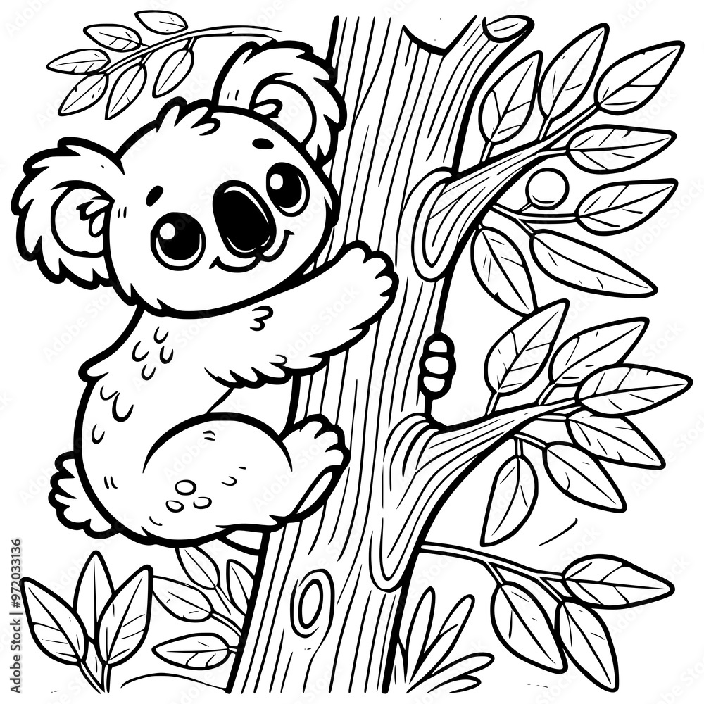 Fototapeta premium Adorable Cartoon Koala Climbing a Tree with Eucalyptus Leaves – Friendly Animal Simple Bold Line Art Coloring Page