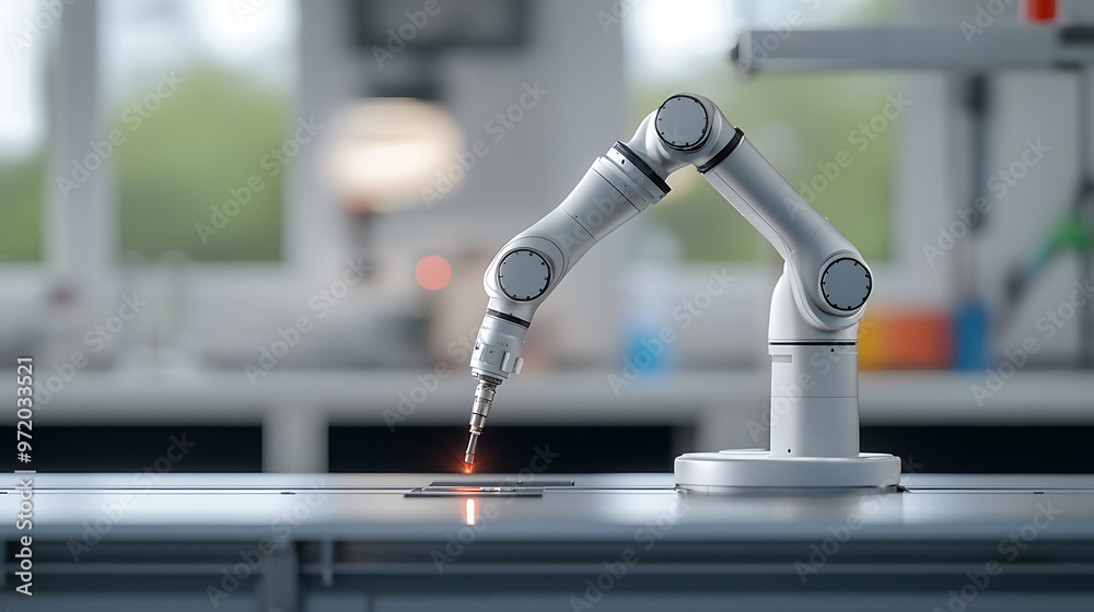A high-end photograph of a sleek, modern industrial robot arm working on an assembly line, set against a clean, dark background. The image has deep depth of field with the entire scene in sharp focus A high-end photograph of a sleek, modern industrial robot arm working on an assembly line, set against a clean, dark background. The image has deep depth of field with the entire scene in sharp focus
