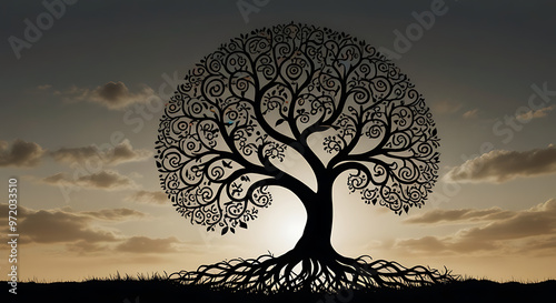 A minimal design of the world tree, Yggdrasil, with its branches extending into the sky and roots weaving into the ground. The design symbolizes connection, life, and cosmic balance from Norse mytho photo