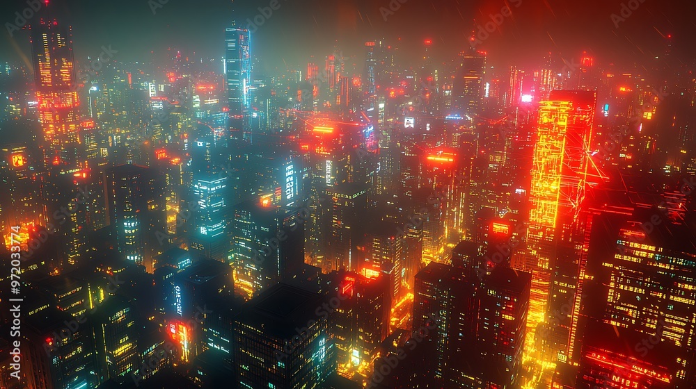 Fototapeta premium A tech-driven metropolis at night, pulsing with glowing lines of data and electricity connecting every building. The city is alive with the flow of communication networks,