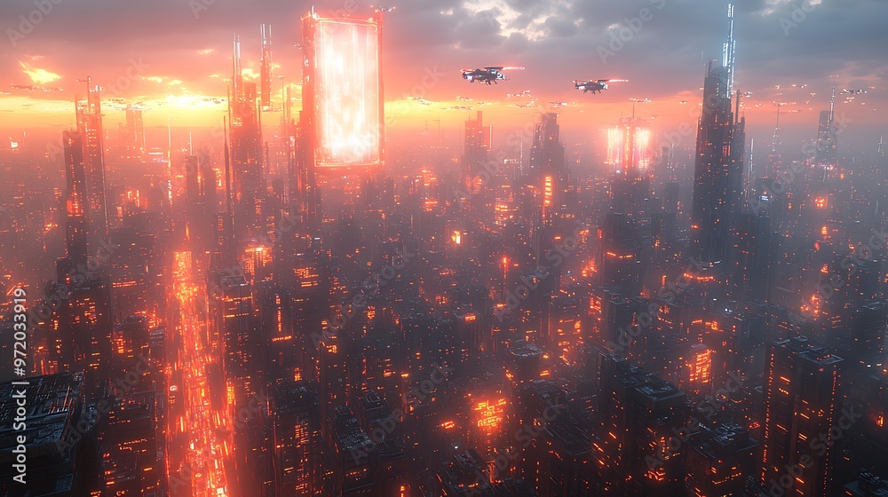 Fototapeta premium A tech-driven metropolis buzzing with floating drones, glowing holograms, and visible digital networks connecting the city.