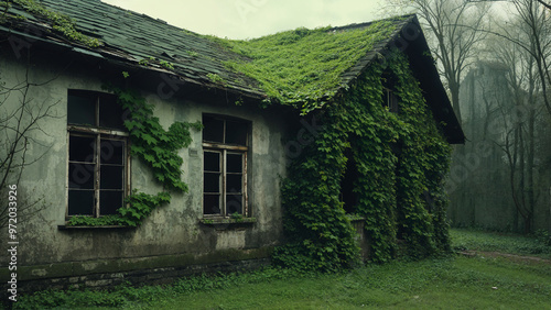 Old, dilapidated building with a sloping roof covered in green ivy. The building appears to be in a state of disrepair, with peeling paint and crumbling walls.