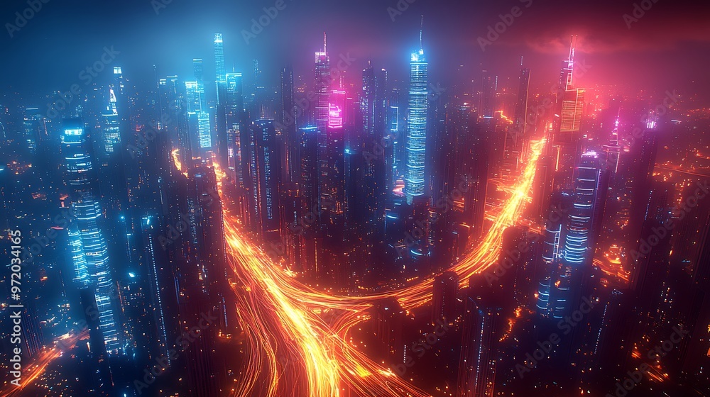Fototapeta premium A top-down view of a modern city at night, with bright data lines glowing in neon colors, connecting skyscrapers and roads in a web of digital networks. The city pulses with technological energy,