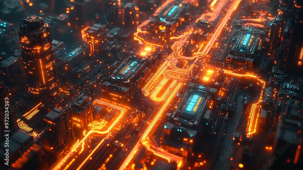 A top-down view of a smart city powered by AI, with glowing neon circuits connecting every structure and transportation system. The digital network pulses with vibrant energy, A top-down view of a smart city powered by AI, with glowing neon circuits connecting every structure and transportation system. The digital network pulses with vibrant energy,