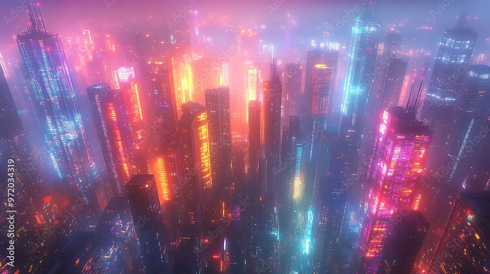 A top-down view of a tech-driven metropolis at dusk, where communication hubs pulse with neon light as data flows through the urban network. The city glows with vibrant colors,