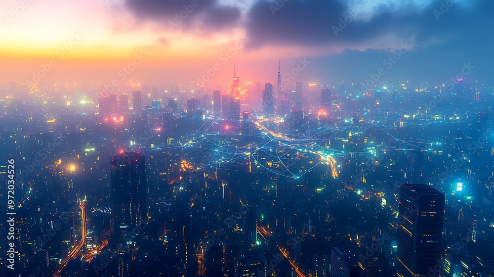 Fototapeta premium A vibrant aerial view of a high-tech city glowing under the night sky, where communication lines and data streams are visible connecting skyscrapers and roads. The city pulses with neon colors,