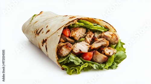 A close-up of a chicken shawarma wrap with lettuce, tomatoes, and a toasted tortilla.