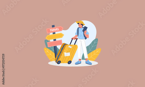 A traveler with luggage and a map standing near signposts.