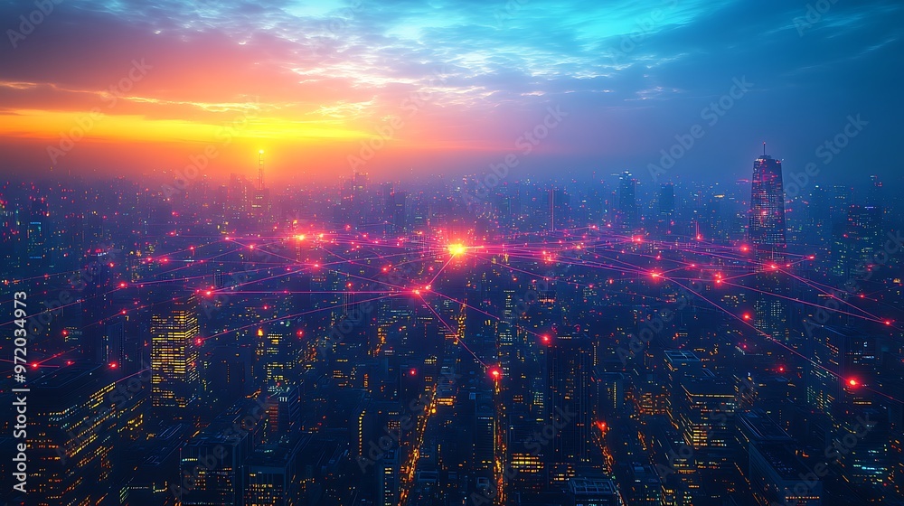 Aerial view of a futuristic global connectivity hub, with glowing fiber optic lines linking skyscrapers and connecting continents. The illuminated lines form a web of communication,