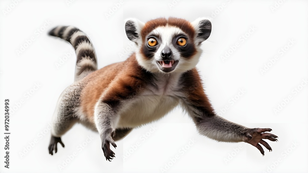 A happy jumping lemur in the air on a transparent background, A happy jumping lemur in the air on a transparent background,