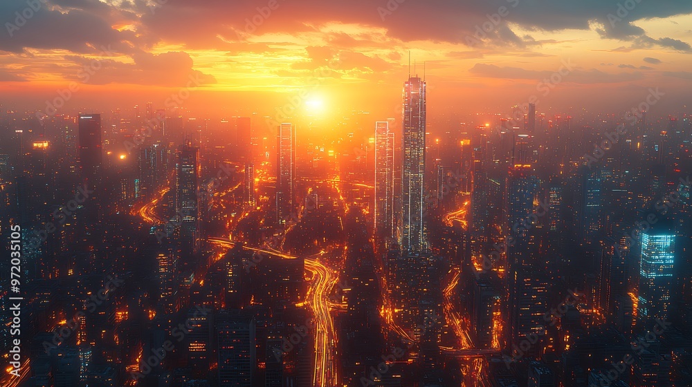 Fototapeta premium Aerial view of a futuristic metropolis at twilight, with illuminated data lines connecting towering glass buildings and sleek roads. The smart city pulses with energy,