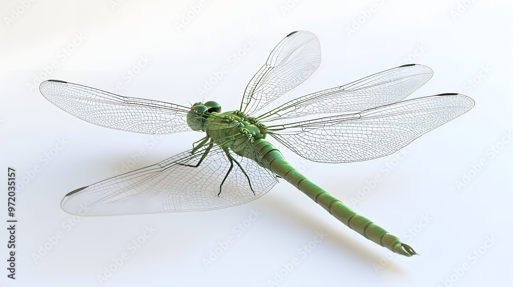 72. A close-up 3D render of a tiny green dragonfly with delicate wings, isolated on a pristine white background 72. A close-up 3D render of a tiny green dragonfly with delicate wings, isolated on a pristine white background