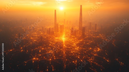 Aerial view of a futuristic smart city at sunrise, where golden light illuminates the glowing network lines connecting every building and transportation route.