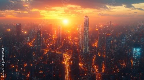 Aerial view of a futuristic metropolis at twilight, with illuminated data lines connecting towering glass buildings and sleek roads. The smart city pulses with energy,