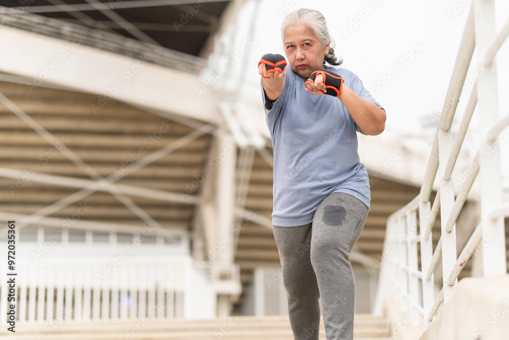 Asian senior sportswoman boxing while working out on parking outdoors Asian senior sportswoman boxing while working out on parking outdoors