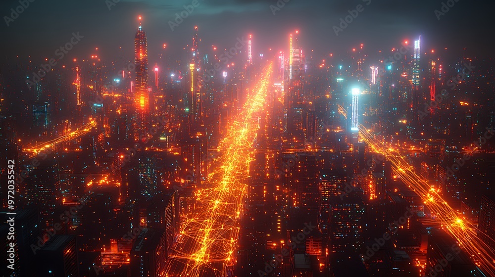 An aerial view of a smart city brimming with digital activity, with glowing networks connecting transportation hubs, high-rise buildings, and streets. The city pulses with energy, An aerial view of a smart city brimming with digital activity, with glowing networks connecting transportation hubs, high-rise buildings, and streets. The city pulses with energy,
