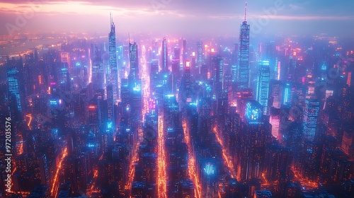 Wallpaper Mural Bird’s-eye view of a cyberpunk city at dusk, with interconnected neon pathways glowing between high-rise buildings, symbolizing data flow. The metropolis radiates with vibrant neon blues and purples, Torontodigital.ca