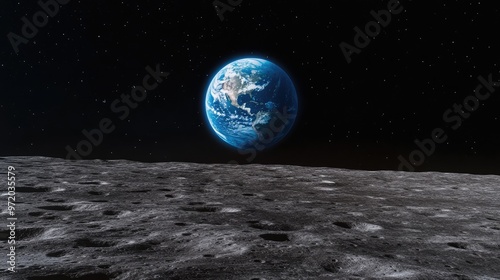 A view of Earth from the surface of the moon, with the planet hanging in the black sky filled with stars.